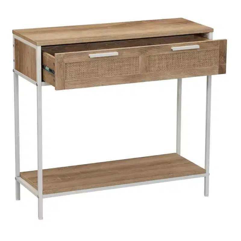 Mesa sofá consola rectangular Bungalow con estante de almacenamiento y 2 cajones, madera rústica Coastal Oak, frente tejido y metal blanco.
