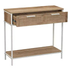 Mesa sofá consola rectangular Bungalow con estante de almacenamiento y 2 cajones, madera rústica Coastal Oak, frente tejido y metal blanco.
