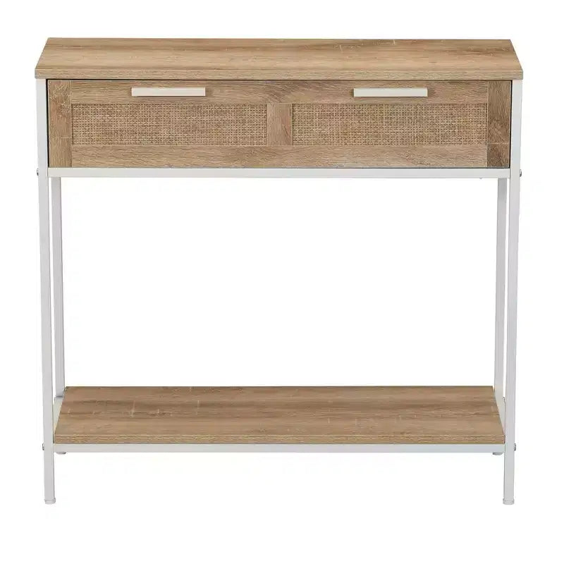 Mesa sofá consola rectangular Bungalow con estante de almacenamiento y 2 cajones, madera rústica Coastal Oak, frente tejido y metal blanco.