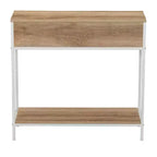 Mesa sofá consola rectangular Bungalow con estante de almacenamiento y 2 cajones, madera rústica Coastal Oak, frente tejido y metal blanco.
