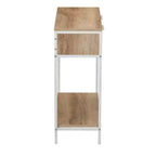 Mesa sofá consola rectangular Bungalow con estante de almacenamiento y 2 cajones, madera rústica Coastal Oak, frente tejido y metal blanco.