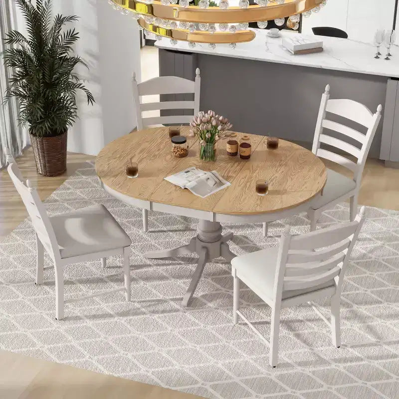 Mesa de comedor retro funcional de 5 piezas con mesa de comedor redonda extensible y 4 sillas de comedor tapizadas