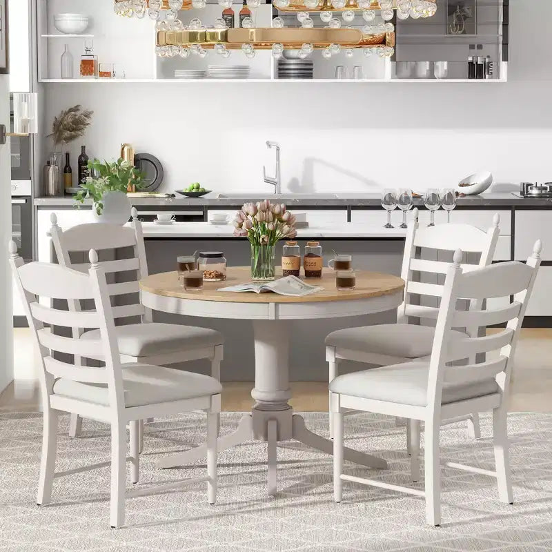 Mesa de comedor retro funcional de 5 piezas con mesa de comedor redonda extensible y 4 sillas de comedor tapizadas