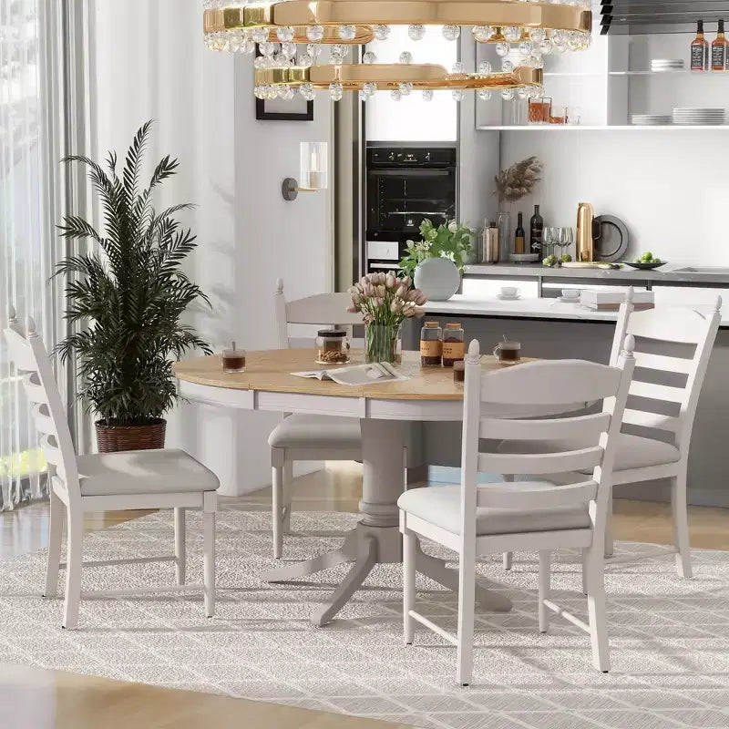 Mesa de comedor retro funcional de 5 piezas con mesa de comedor redonda extensible y 4 sillas de comedor tapizadas