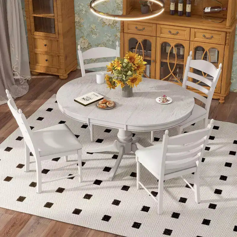 Mesa de comedor retro funcional de 5 piezas con mesa de comedor redonda extensible y 4 sillas de comedor tapizadas