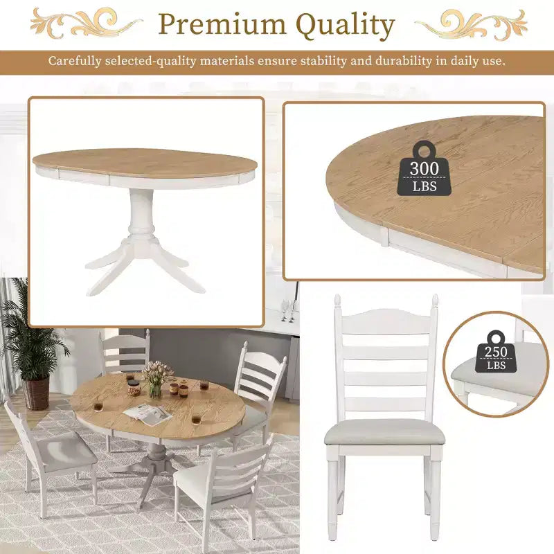 Mesa de comedor retro funcional de 5 piezas con mesa de comedor redonda extensible y 4 sillas de comedor tapizadas
