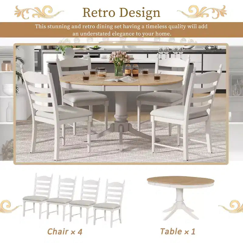 Mesa de comedor retro funcional de 5 piezas con mesa de comedor redonda extensible y 4 sillas de comedor tapizadas