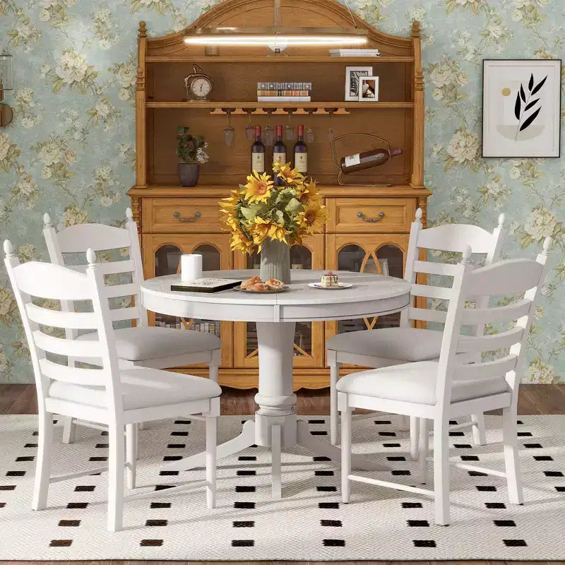 Mesa de comedor retro funcional de 5 piezas con mesa de comedor redonda extensible y 4 sillas de comedor tapizadas