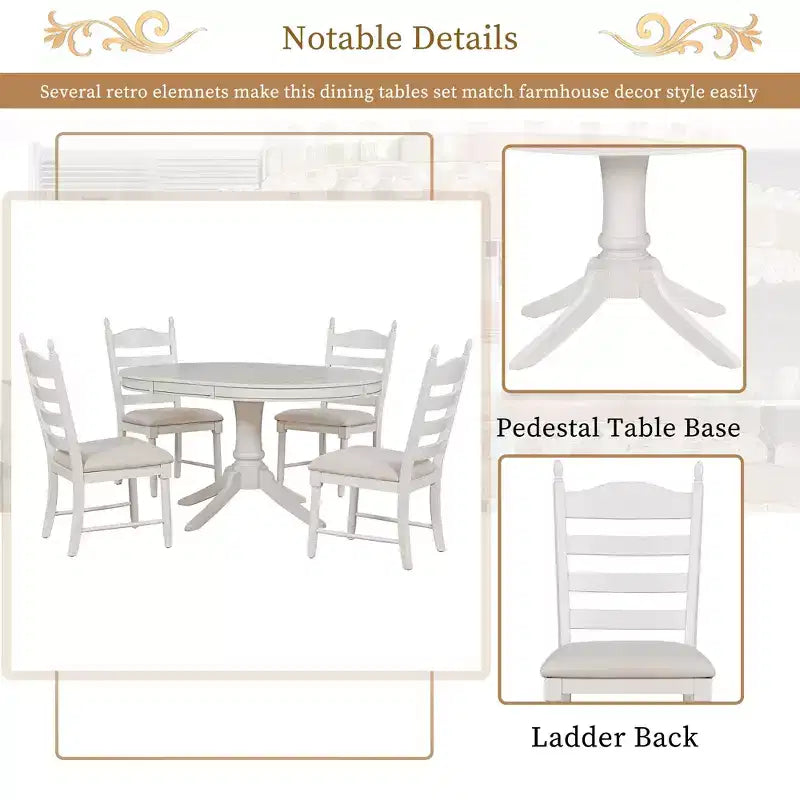 Mesa de comedor retro funcional de 5 piezas con mesa de comedor redonda extensible y 4 sillas de comedor tapizadas
