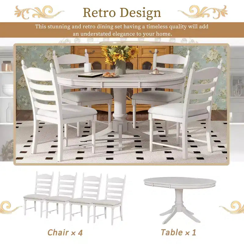 Mesa de comedor retro funcional de 5 piezas con mesa de comedor redonda extensible y 4 sillas de comedor tapizadas