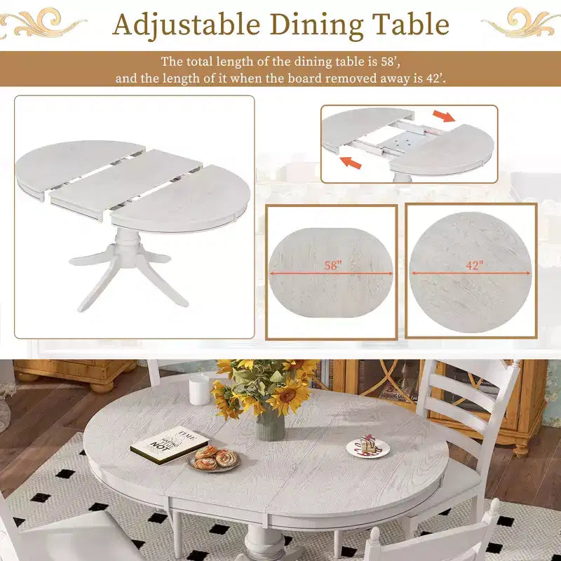 Mesa de comedor retro funcional de 5 piezas con mesa de comedor redonda extensible y 4 sillas de comedor tapizadas