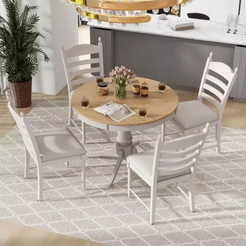 Mesa de comedor retro funcional de 5 piezas con mesa de comedor redonda extensible y 4 sillas de comedor tapizadas