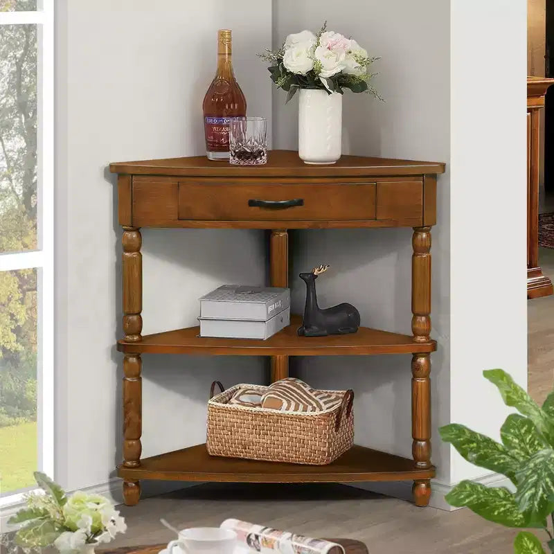 Mesa Esquinera Clásica Vintage con Cajón de Almacenamiento y 2 Estantes
