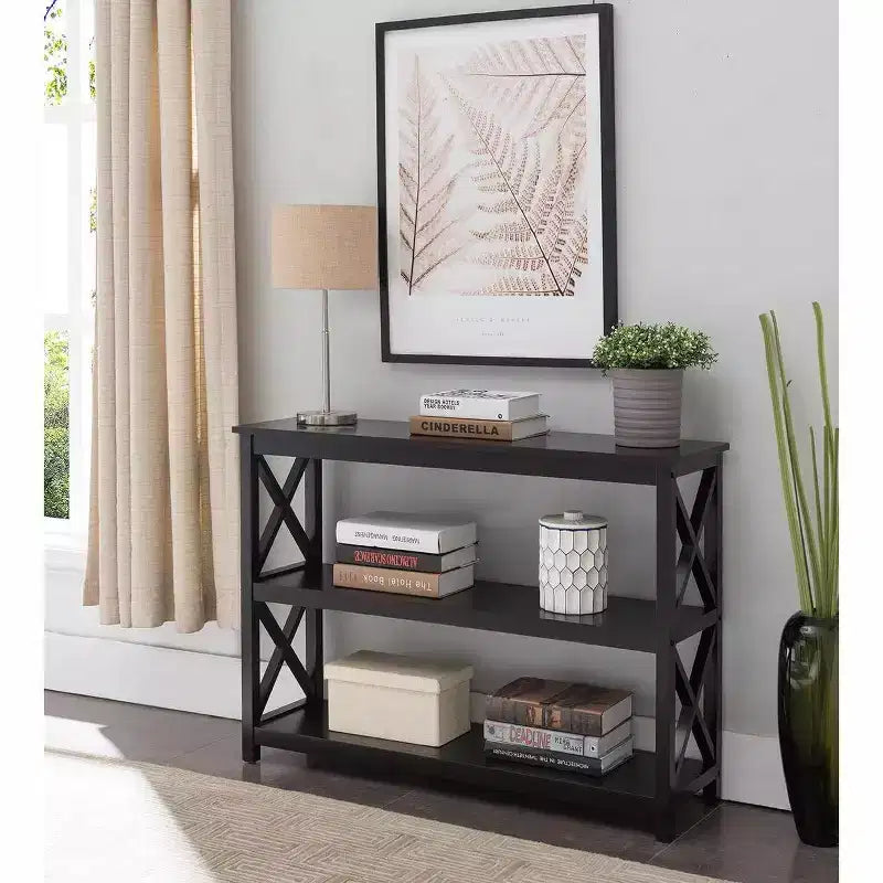 Kings Brand 3-Tier X-Design Console Entryway Sofa Table With Shelves, Black