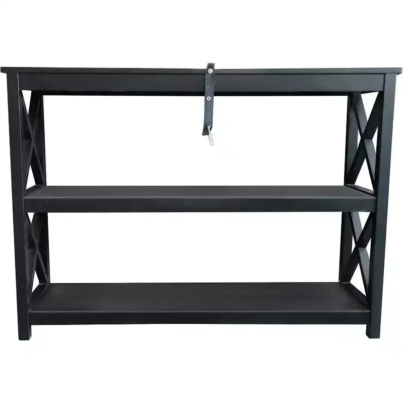 Mesa de sofá consola de entrada de 3 niveles con diseño en X y estantes, negra