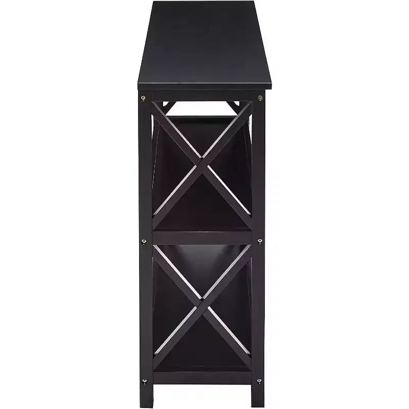 Mesa de sofá consola de entrada de 3 niveles con diseño en X y estantes, negra