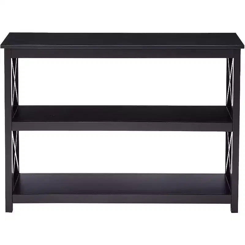 Mesa de sofá consola de entrada de 3 niveles con diseño en X y estantes, negra