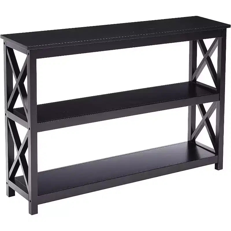 Mesa de sofá consola de entrada de 3 niveles con diseño en X y estantes, negra