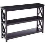 Mesa de sofá consola de entrada de 3 niveles con diseño en X y estantes, negra
