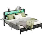 Base de cama Bestier tamaño matrimonial/king/queen, cabecero tapizado, cama de plataforma LED con estantes triples plegables y estación de carga en el cabecero de almacenamiento