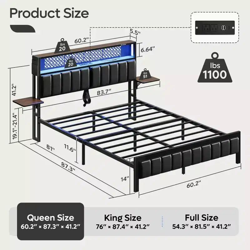 Base de cama Bestier tamaño matrimonial/king/queen, cabecero tapizado, cama de plataforma LED con estantes triples plegables y estación de carga en el cabecero de almacenamiento