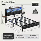 Base de cama Bestier tamaño matrimonial/king/queen, cabecero tapizado, cama de plataforma LED con estantes triples plegables y estación de carga en el cabecero de almacenamiento