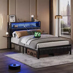 Base de cama Bestier tamaño matrimonial/king/queen, cabecero tapizado, cama de plataforma LED con estantes triples plegables y estación de carga en el cabecero de almacenamiento