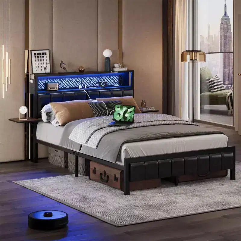 Base de cama Bestier tamaño matrimonial/king/queen, cabecero tapizado, cama de plataforma LED con estantes triples plegables y estación de carga en el cabecero de almacenamiento