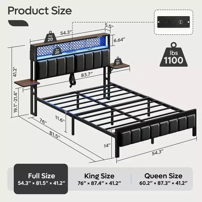 Base de cama Bestier tamaño matrimonial/king/queen, cabecero tapizado, cama de plataforma LED con estantes triples plegables y estación de carga en el cabecero de almacenamiento
