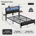 Base de cama Bestier tamaño matrimonial/king/queen, cabecero tapizado, cama de plataforma LED con estantes triples plegables y estación de carga en el cabecero de almacenamiento
