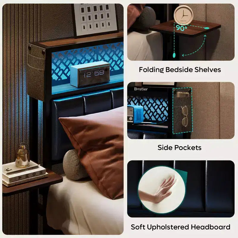 Base de cama Bestier tamaño matrimonial/king/queen, cabecero tapizado, cama de plataforma LED con estantes triples plegables y estación de carga en el cabecero de almacenamiento