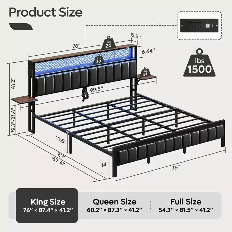 Base de cama Bestier tamaño matrimonial/king/queen, cabecero tapizado, cama de plataforma LED con estantes triples plegables y estación de carga en el cabecero de almacenamiento