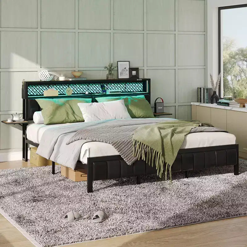 Base de cama Bestier tamaño matrimonial/king/queen, cabecero tapizado, cama de plataforma LED con estantes triples plegables y estación de carga en el cabecero de almacenamiento