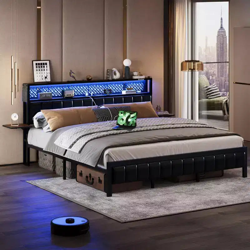 Base de cama Bestier tamaño matrimonial/king/queen, cabecero tapizado, cama de plataforma LED con estantes triples plegables y estación de carga en el cabecero de almacenamiento