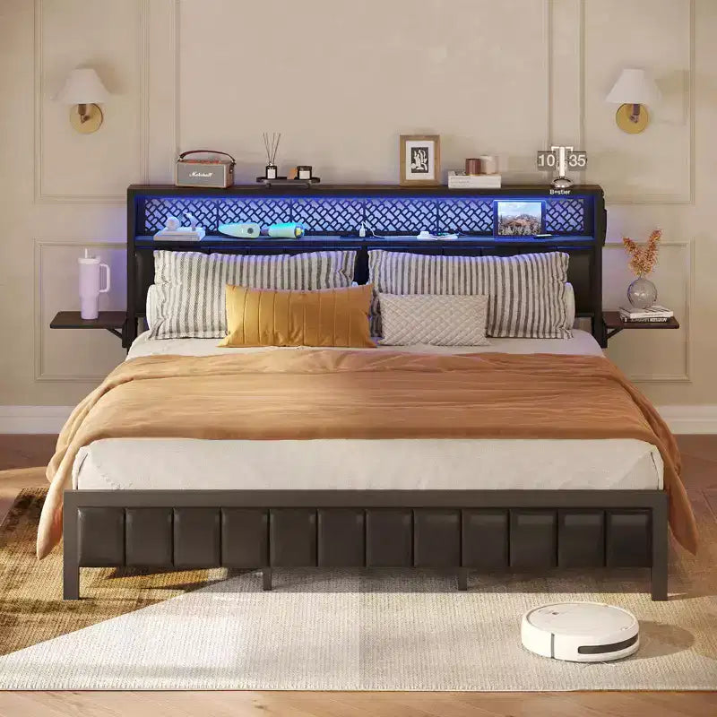 Base de cama Bestier tamaño matrimonial/king/queen, cabecero tapizado, cama de plataforma LED con estantes triples plegables y estación de carga en el cabecero de almacenamiento