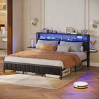 Base de cama Bestier tamaño matrimonial/king/queen, cabecero tapizado, cama de plataforma LED con estantes triples plegables y estación de carga en el cabecero de almacenamiento