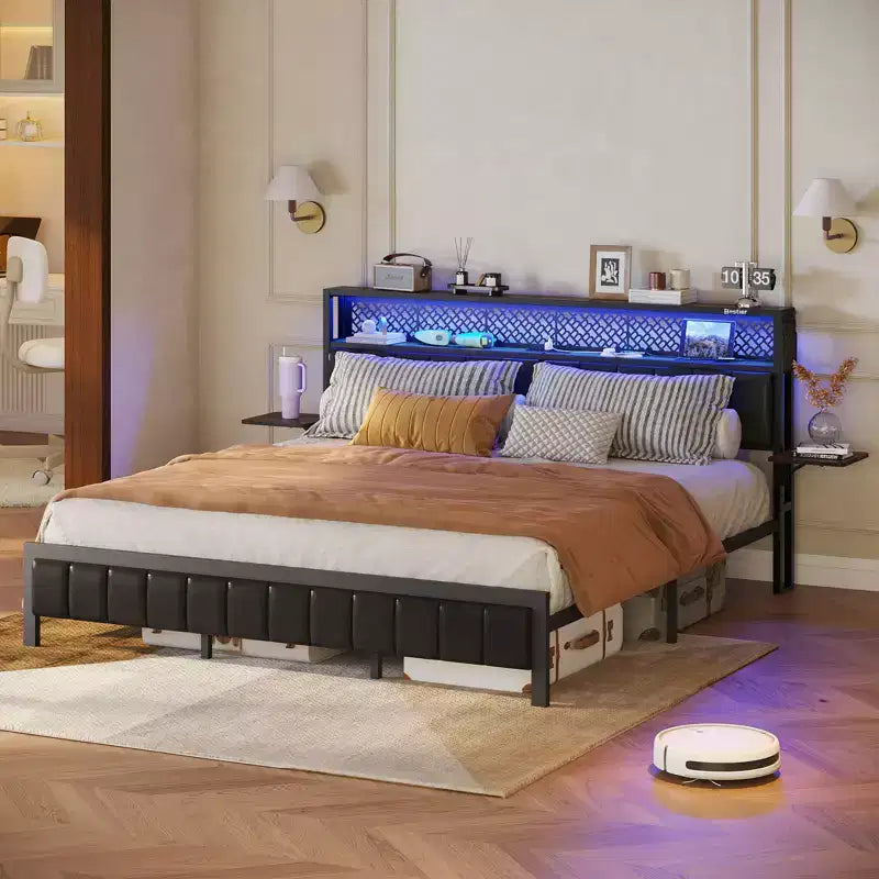 Base de cama Bestier tamaño matrimonial/king/queen, cabecero tapizado, cama de plataforma LED con estantes triples plegables y estación de carga en el cabecero de almacenamiento