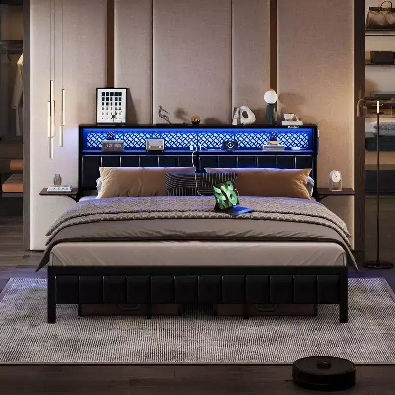 Base de cama Bestier tamaño matrimonial/king/queen, cabecero tapizado, cama de plataforma LED con estantes triples plegables y estación de carga en el cabecero de almacenamiento