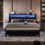 Base de cama Bestier tamaño matrimonial/king/queen, cabecero tapizado, cama de plataforma LED con estantes triples plegables y estación de carga en el cabecero de almacenamiento