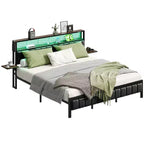 Base de cama Bestier tamaño matrimonial/king/queen, cabecero tapizado, cama de plataforma LED con estantes triples plegables y estación de carga en el cabecero de almacenamiento