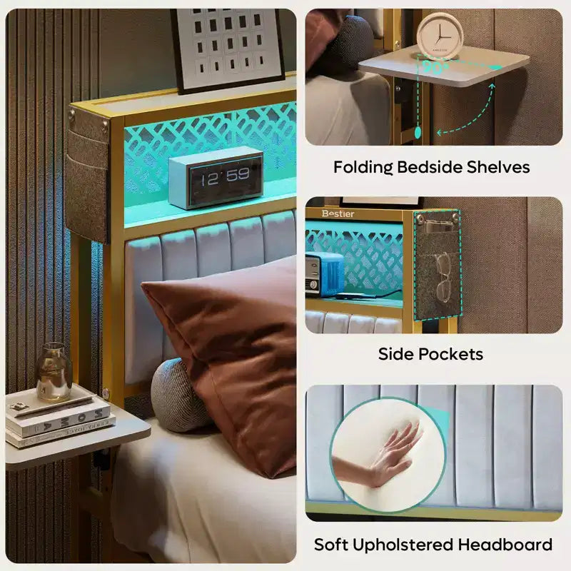 Base de cama Bestier tamaño matrimonial/king/queen, cabecero tapizado, cama de plataforma LED con estantes triples plegables y estación de carga en el cabecero de almacenamiento