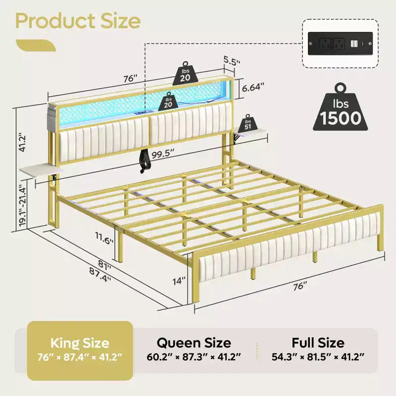 Base de cama Bestier tamaño matrimonial/king/queen, cabecero tapizado, cama de plataforma LED con estantes triples plegables y estación de carga en el cabecero de almacenamiento