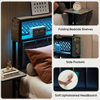 Base de cama Bestier tamaño matrimonial/king/queen, cabecero tapizado, cama de plataforma LED con estantes triples plegables y estación de carga en el cabecero de almacenamiento