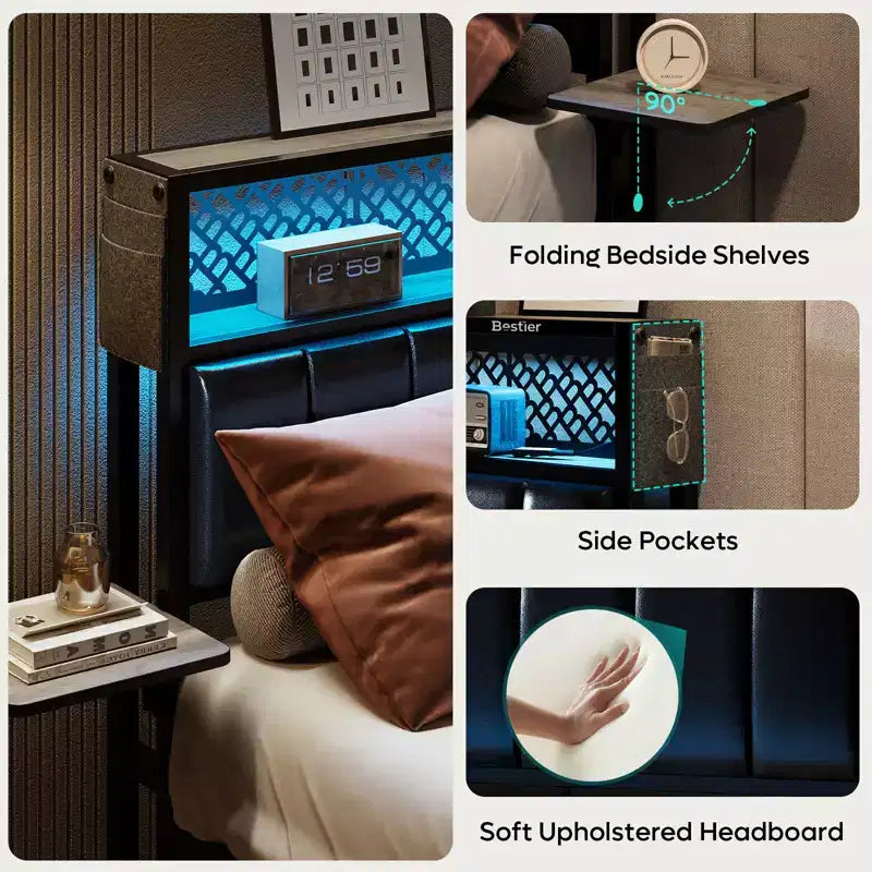 Base de cama Bestier tamaño matrimonial/king/queen, cabecero tapizado, cama de plataforma LED con estantes triples plegables y estación de carga en el cabecero de almacenamiento