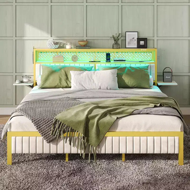 Base de cama Bestier tamaño matrimonial/king/queen, cabecero tapizado, cama de plataforma LED con estantes triples plegables y estación de carga en el cabecero de almacenamiento