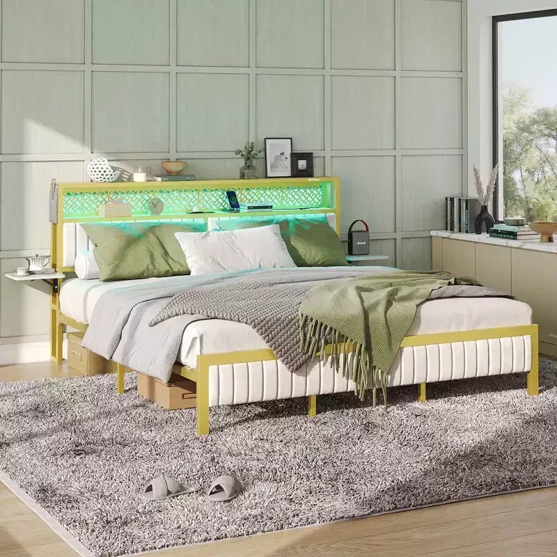 Base de cama Bestier tamaño matrimonial/king/queen, cabecero tapizado, cama de plataforma LED con estantes triples plegables y estación de carga en el cabecero de almacenamiento