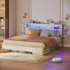 Base de cama Bestier tamaño matrimonial/king/queen, cabecero tapizado, cama de plataforma LED con estantes triples plegables y estación de carga en el cabecero de almacenamiento