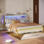 Base de cama Bestier tamaño matrimonial/king/queen, cabecero tapizado, cama de plataforma LED con estantes triples plegables y estación de carga en el cabecero de almacenamiento