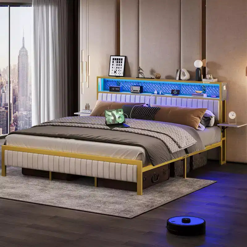 Base de cama Bestier tamaño matrimonial/king/queen, cabecero tapizado, cama de plataforma LED con estantes triples plegables y estación de carga en el cabecero de almacenamiento