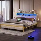 Base de cama Bestier tamaño matrimonial/king/queen, cabecero tapizado, cama de plataforma LED con estantes triples plegables y estación de carga en el cabecero de almacenamiento